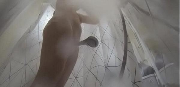  Spying a sweet 18yo babe in the shower, look at that hairy pussy!